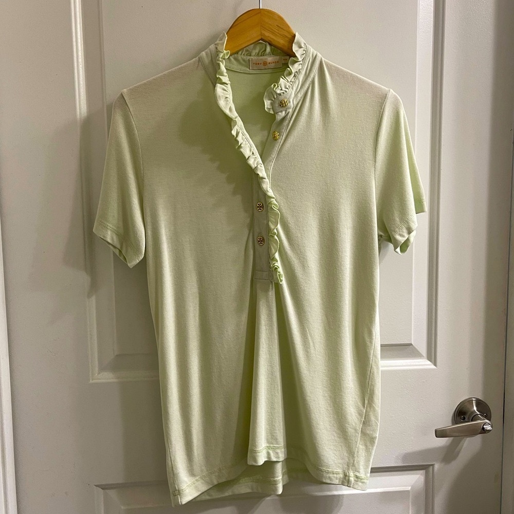 Tory Burch Mint Green Lidia Ruffle Short Sleeve Polo Shirt | Size M